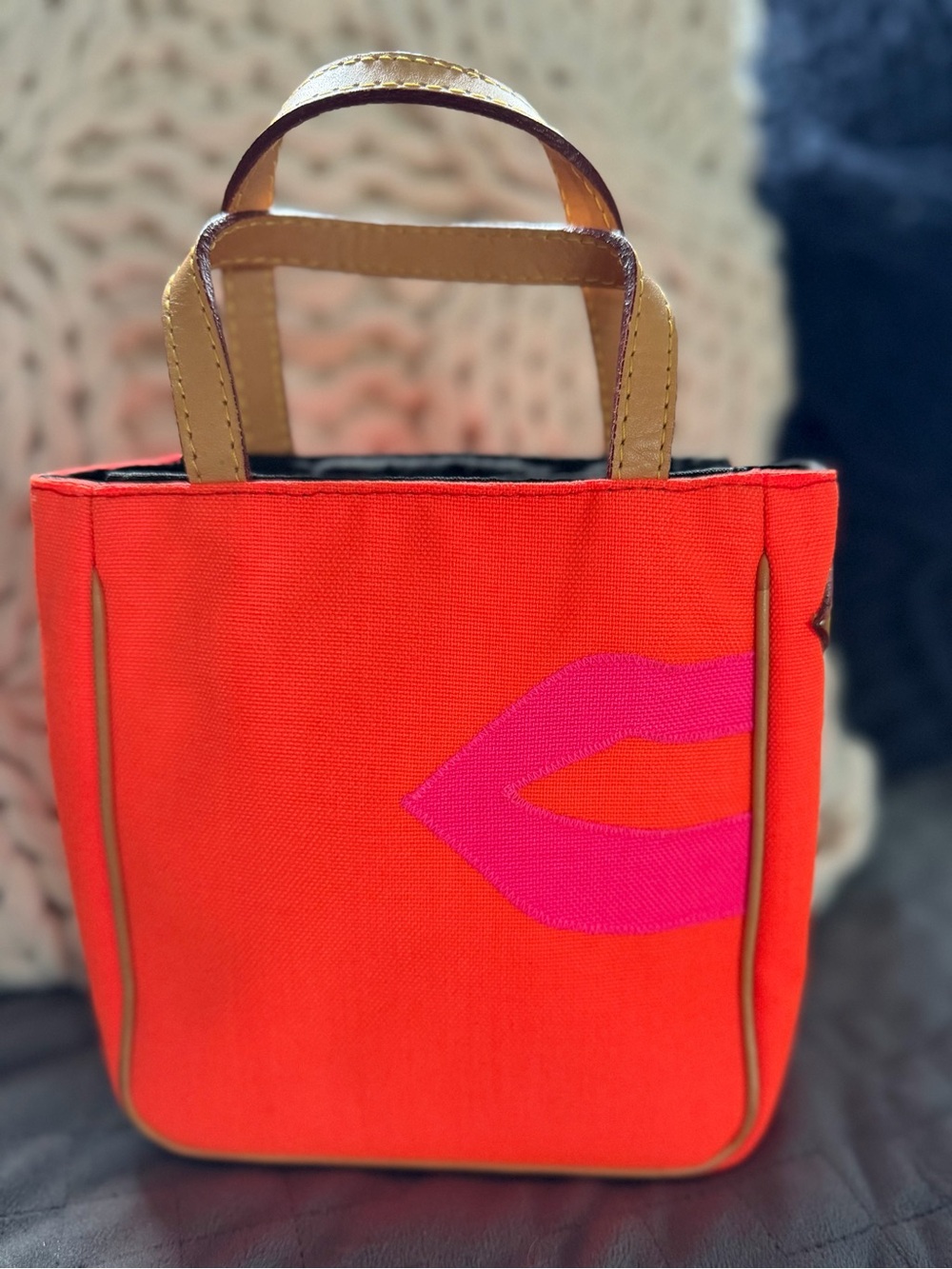 MZ Wallace Bright Orange Canvas Mini Tote with Pink Lip Accent